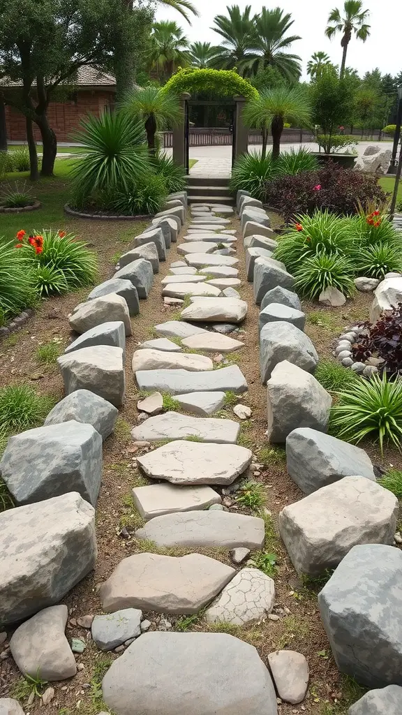 A garden pathway made of stones, bordered by plants and flowers.