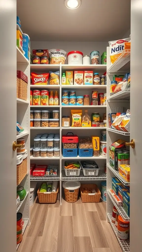 A well-organized walk-in pantry with shelves filled with various food items, including canned goods, snacks, and baking supplies.