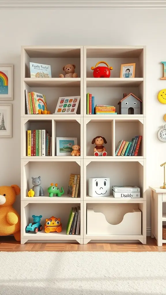 A stylish bookcase filled with colorful toys and books in a bright room.