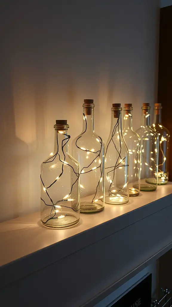 A row of glass bottles filled with string lights, creating a warm glow.