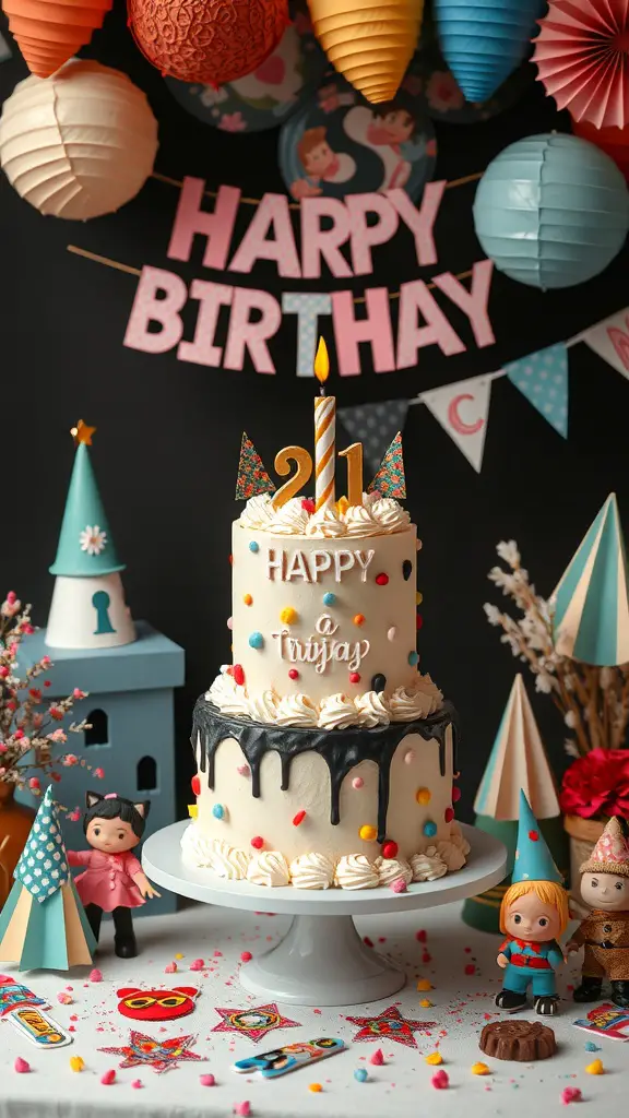 27+ Creative Birthday Decoration Ideas for an Unforgettable Celebration 8 A colorful birthday cake display featuring a two-tier cake with sprinkles, a candle, and festive decorations like paper lanterns and figurines.