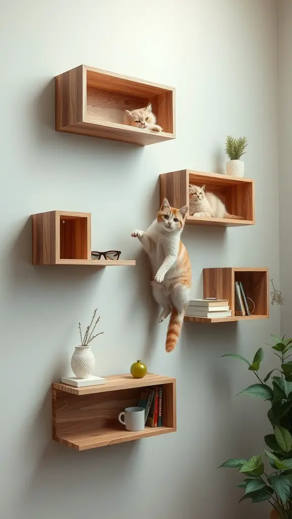 17 Purrfect Cat Apartment Ideas for Happy Felines 6 Wooden cat shelves on a wall with cats playing and lounging.