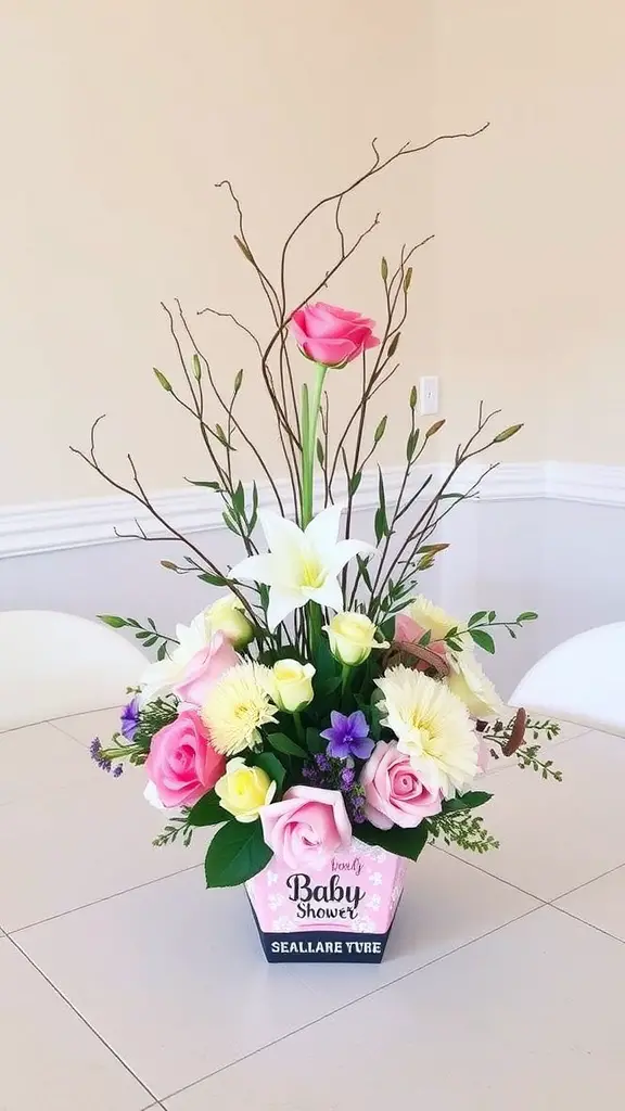 17 Creative Dollar Tree Baby Shower Ideas on a Budget 9 Colorful baby shower centerpiece with pink roses, white lilies, and branches in a decorative pot.