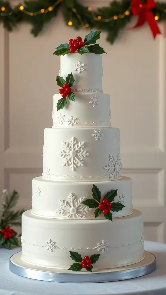 19+ Stunning Christmas Wedding Ideas You Need to See 5 A five-tier Christmas wedding cake decorated with snowflakes and holly.