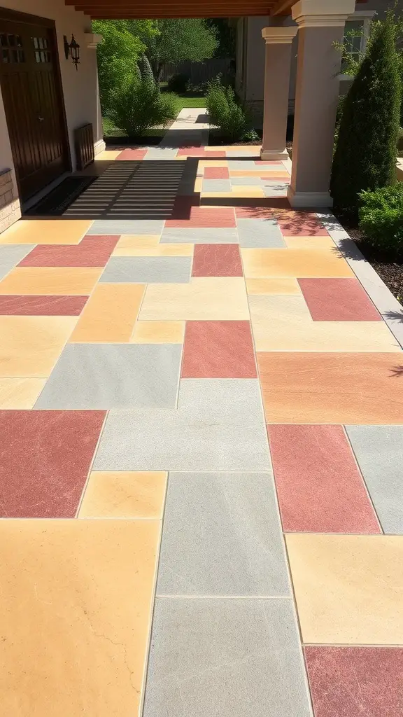 27 Affordable Patio Floor Ideas That Transform Your Outdoor Space 10 Colorful stained concrete patio with a mix of red, yellow, and gray tiles