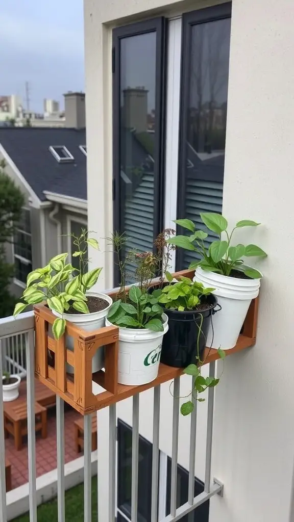 23 Creative Balcony Railing Planters to Transform Your Outdoor Space 17 A wooden planter with various plants attached to a balcony railing.