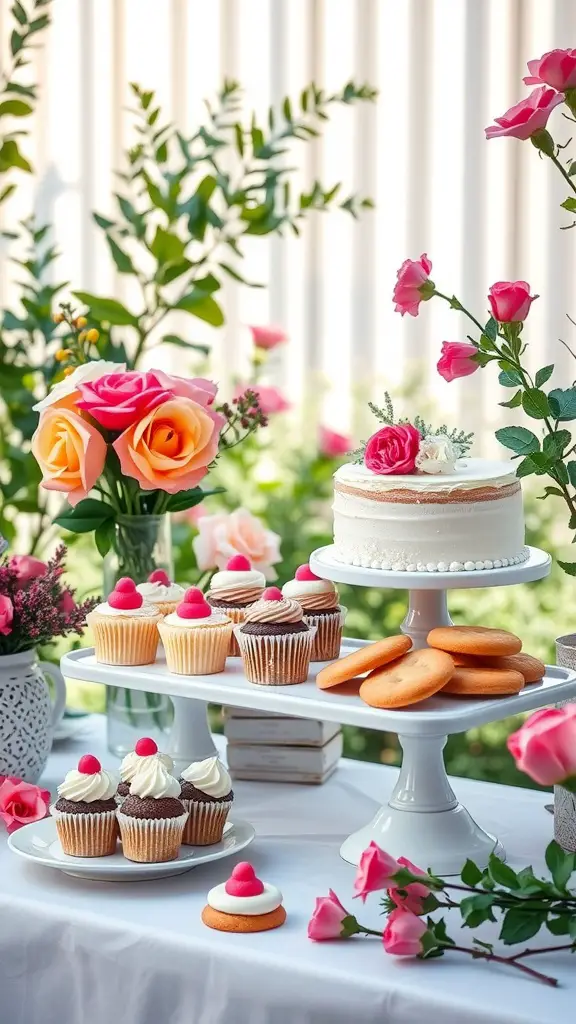 15 Must-Have Essentials for the Perfect Backyard Garden Party 12 A beautifully arranged dessert station featuring a cake, cupcakes, and cookies, surrounded by fresh flowers.