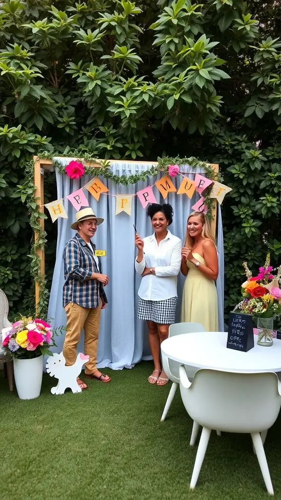 19 Whimsical Garden Party Ideas for Unforgettable Celebrations 20 A DIY photo booth setup with a blue backdrop, colorful flowers, and three friends posing with props.