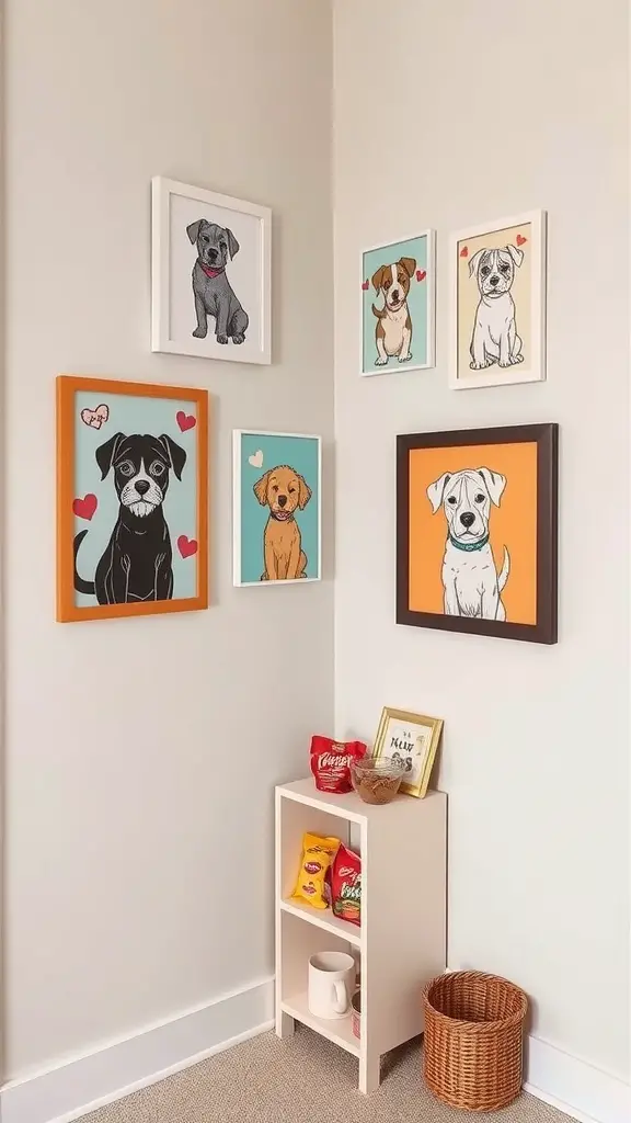 19+ Unique Dog Corner Ideas to Elevate Your Pet's Space 2 A corner featuring colorful dog wall art and a small shelf with snacks.