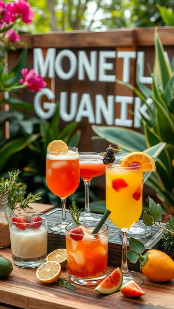 19 Whimsical Garden Party Ideas for Unforgettable Celebrations 9 A colorful display of cocktails and drinks at a garden party, featuring fresh fruits and herbs.