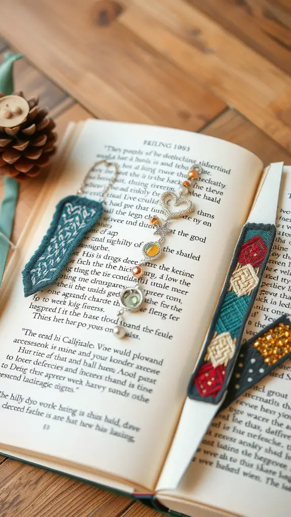 21+ Creative Scrap Fabric Projects You Can Make Today 12 Colorful fabric bookmarks on an open book with a pine cone beside it.