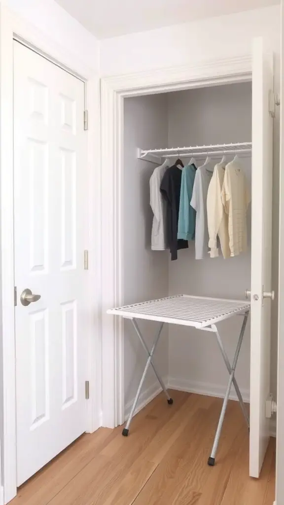 15+ Clever Hallway Laundry Closet Ideas for Small Spaces 2 A hallway laundry closet with a drying rack and hanging clothes.