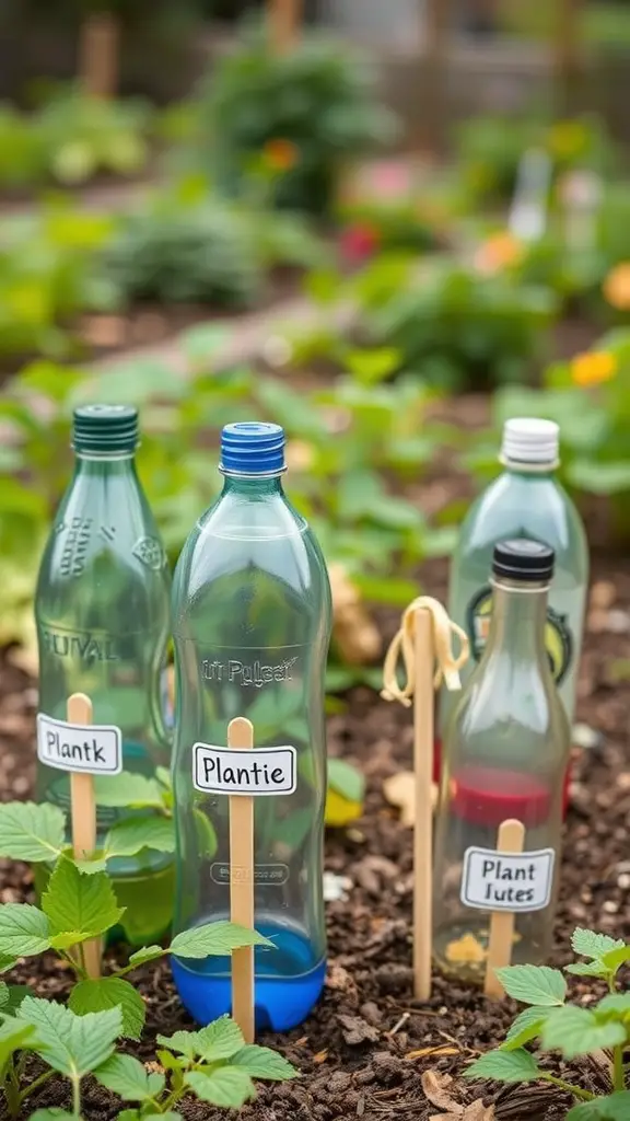 Garden markers made from plastic bottles, labeled with plant names, in a garden bed.