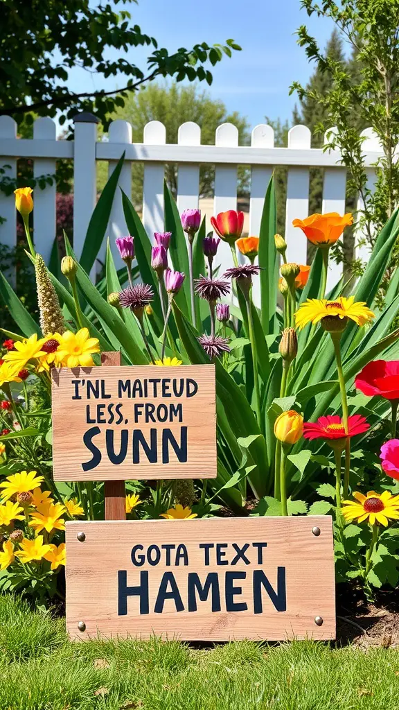 23 Creative DIY Yard Decor Ideas You Can't Miss 13 Two wooden garden signs with playful messages surrounded by colorful flowers.