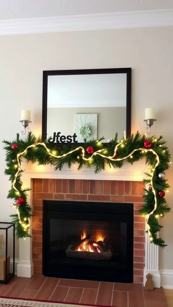 15 Creative Dollar Tree Christmas Decor Ideas for a Festive Home 9 A festive garland with red ornaments and lights draped over a fireplace mantel.
