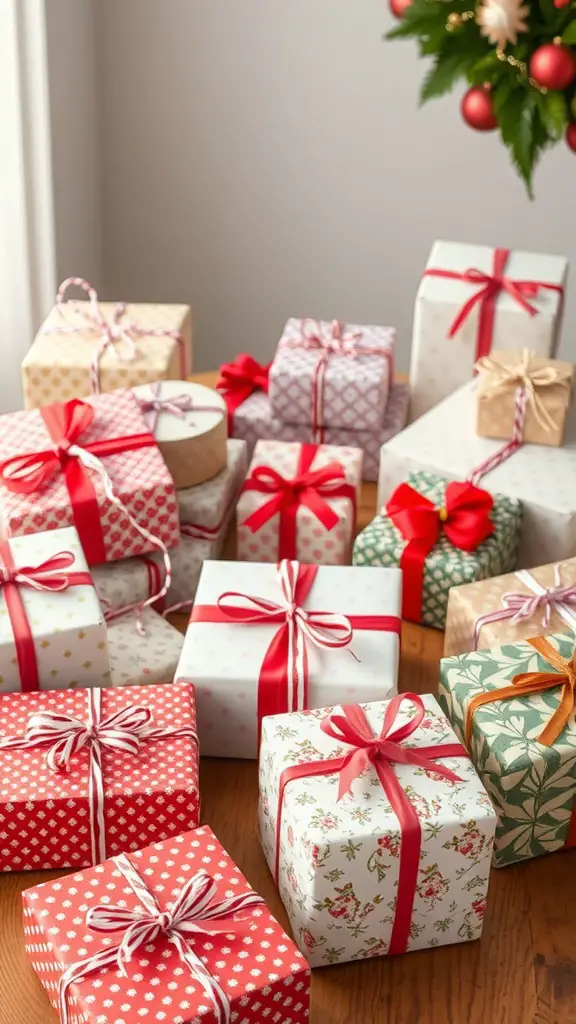 21+ Creative Christmas Decoration Ideas for a Festive Home 10 A collection of beautifully wrapped Christmas gifts in various patterns and colors, with ribbons and bows.