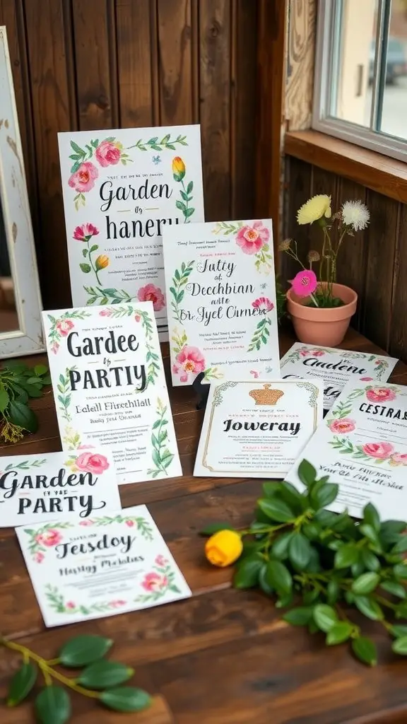 19 Whimsical Garden Party Ideas for Unforgettable Celebrations 15 A collection of whimsical garden party invitations with floral designs on a wooden table.