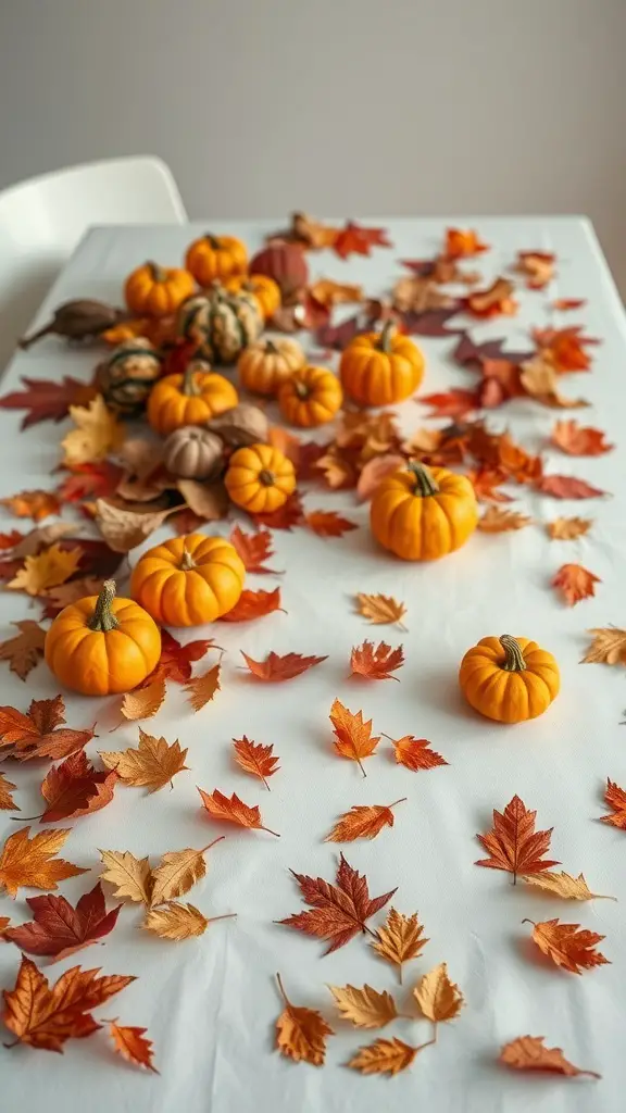17 Creative Fall Leaves Decor Ideas for a Cozy Autumn Home 11 A table decorated with colorful fall leaves and small pumpkins.