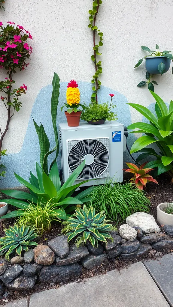 17 Creative Landscaping Ideas to Hide Your AC Unit 4 A beautifully landscaped area around an air conditioning unit with colorful plants and stones.