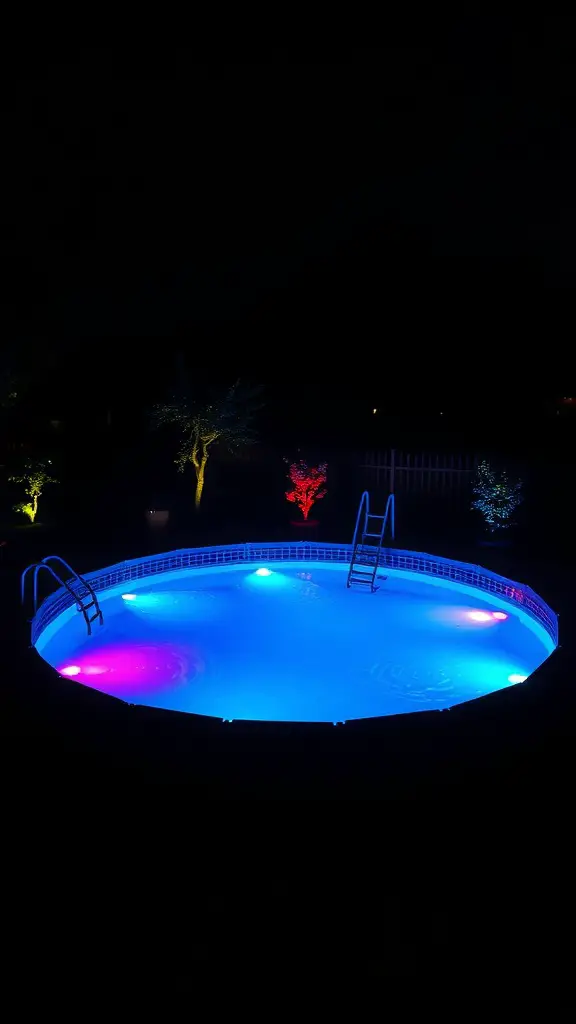 19 Inspiring Above Ground Pool Ideas for Your Backyard Oasis 4 A brightly lit above-ground pool at night with colorful lights and illuminated trees.