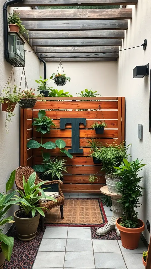 15 Creative Tiny Patio Ideas for Your Outdoor Space 12 A cozy patio with a wooden privacy screen, hanging plants, and a comfortable chair.