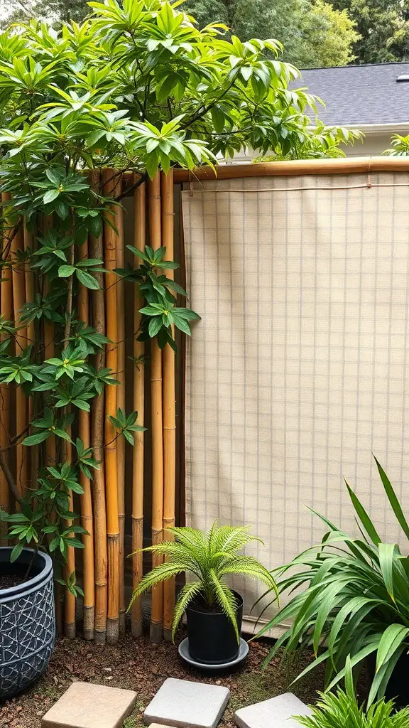 19 Creative Backyard Ideas for Renters 14 A backyard privacy screen made of bamboo and fabric, surrounded by plants and stepping stones.