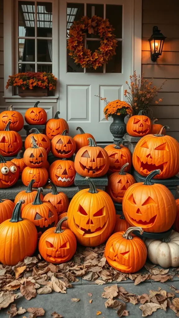 A porch decorated with various carved pumpkins, autumn leaves, and a wreath.