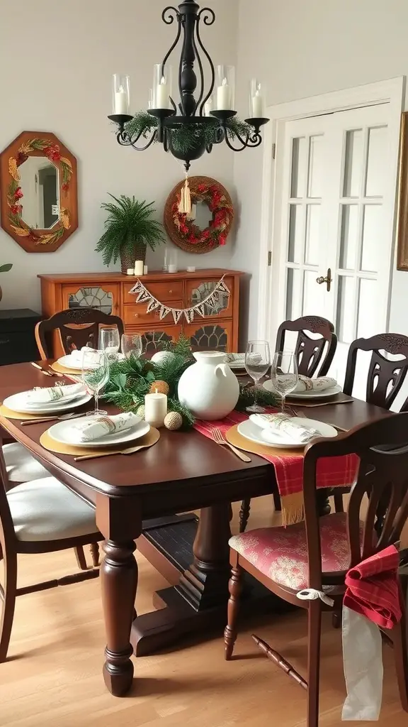 21 Creative Dollar Tree DIY Home Decor Ideas 12 A beautifully arranged dining table with a seasonal theme, featuring a green garland centerpiece, elegant dinnerware, and decorative elements.