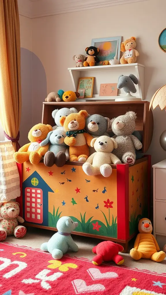 21 Creative Stuffed Animal Storage Ideas for a Tidy Space 7 A colorful toy chest filled with stuffed animals, surrounded by cheerful decor in a child's room.