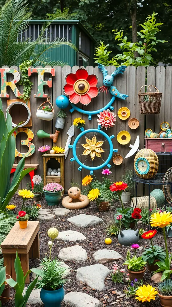 15 Creative Junk Garden Ideas to Transform Your Backyard 10 A colorful junk garden featuring upcycled decorations, vibrant flowers, and creative planters.