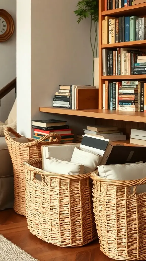 23 Creative Book Storage Ideas for Every Home 15 A cozy corner with woven baskets holding books and cushions, beside a wooden bookshelf.