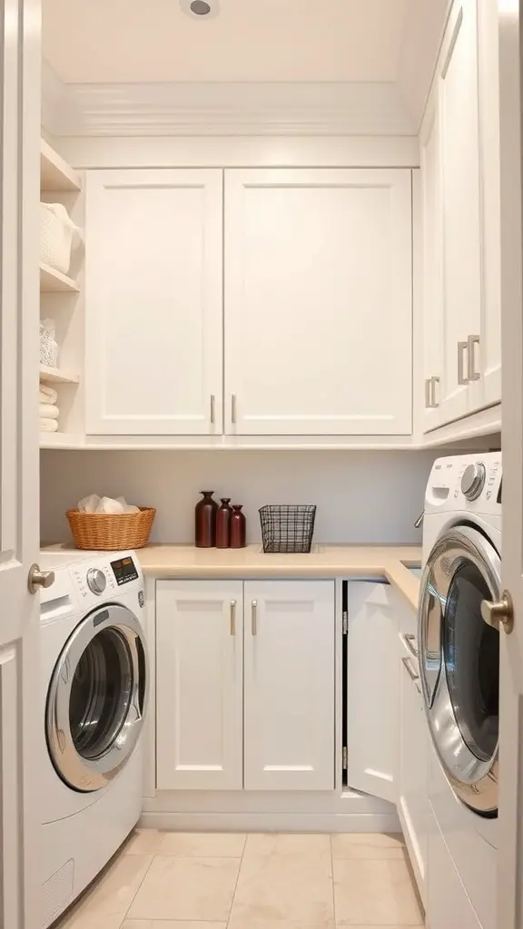 23 Creative Narrow Laundry Room Ideas You’ll Love 5 Narrow laundry room with corner cabinets and washing machines