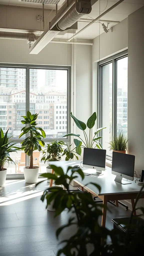 Bright office space with large windows, plants, and modern desks