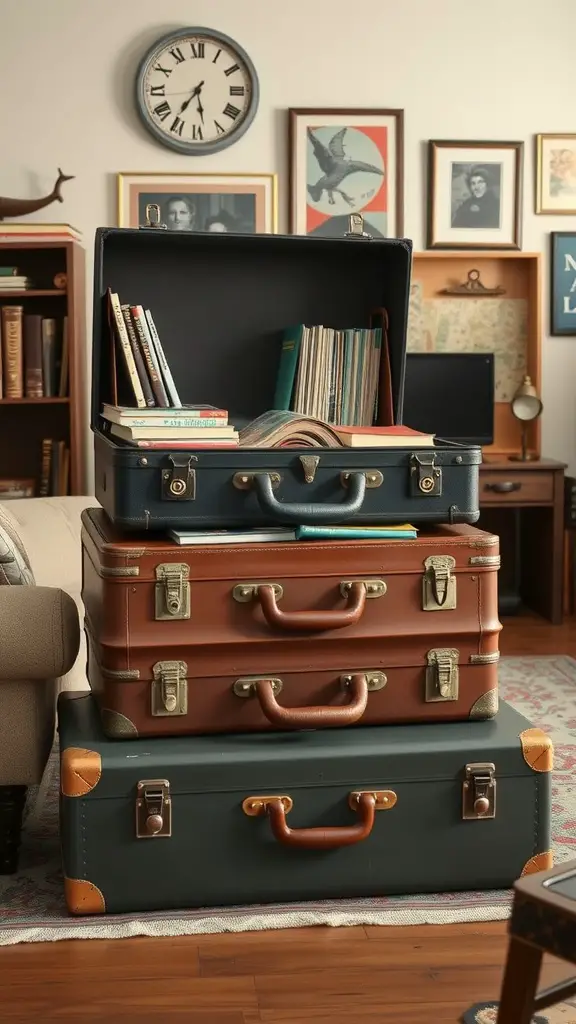 23+ Creative Book Storage Ideas for Every Space 9 A stack of vintage suitcases, with the top one open and filled with books, set in a cozy room.