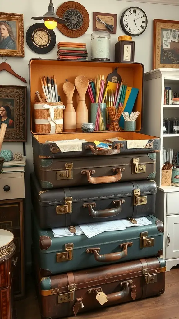 A stack of vintage suitcases used for storage in a craft room, with colorful art supplies visible in the top suitcase.