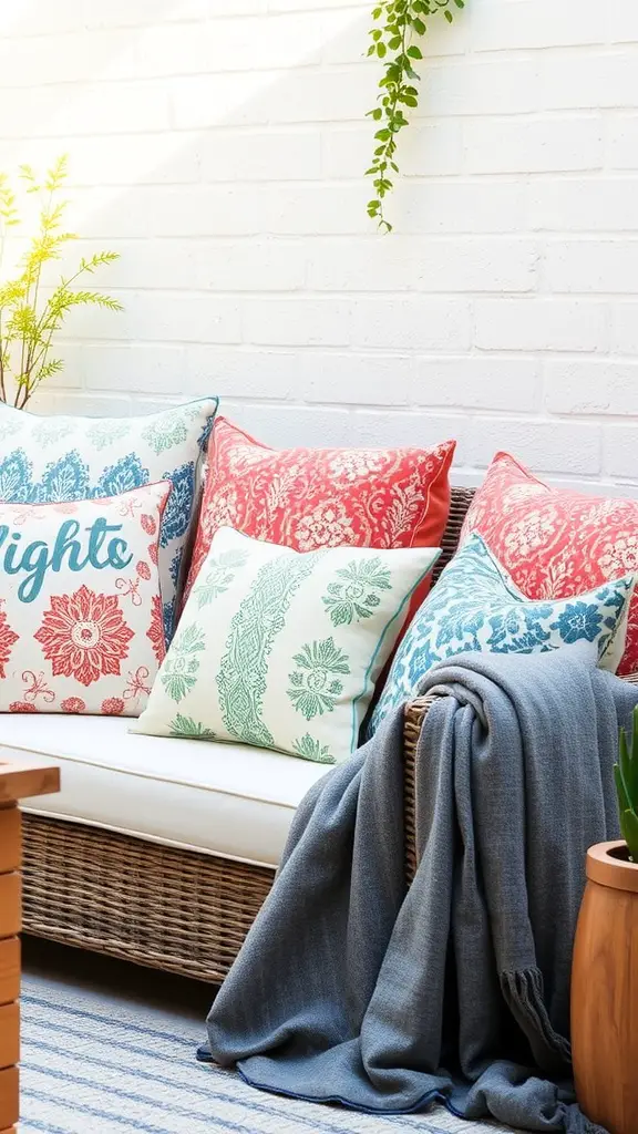 Cozy patio seating with colorful pillows and a throw blanket