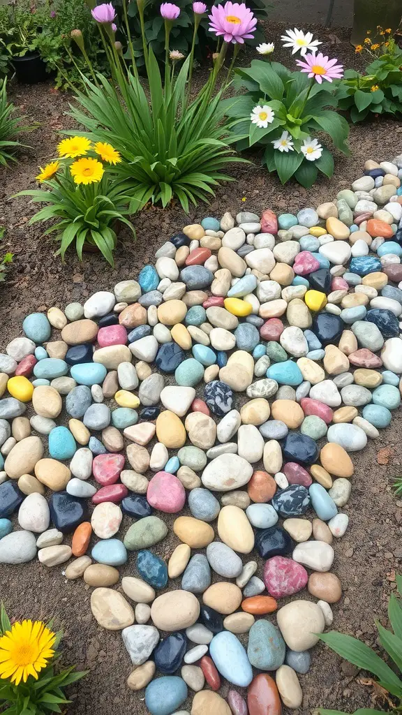 19 Creative Rock Landscaping Ideas for a Stunning Outdoor Space 17 Colorful pebbles forming a pathway surrounded by flowers in a garden