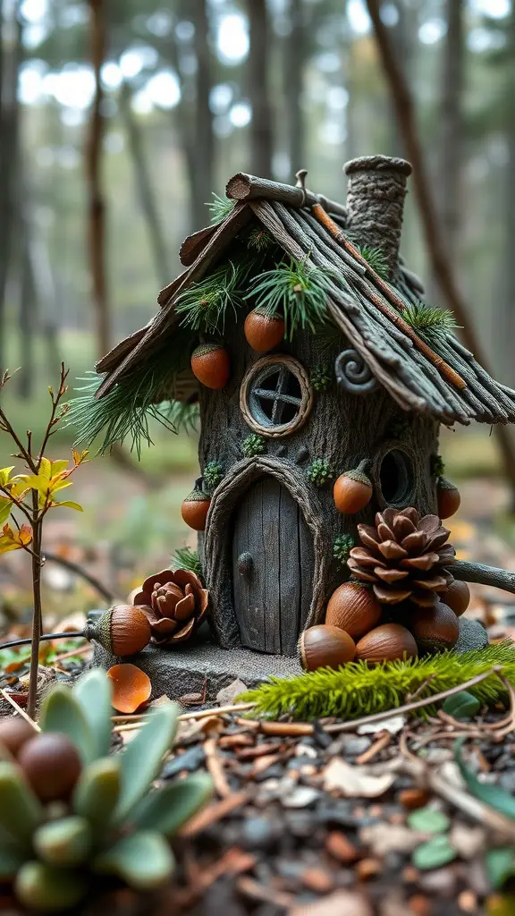 A whimsical fairy house made from natural materials, decorated with pinecones and acorns.