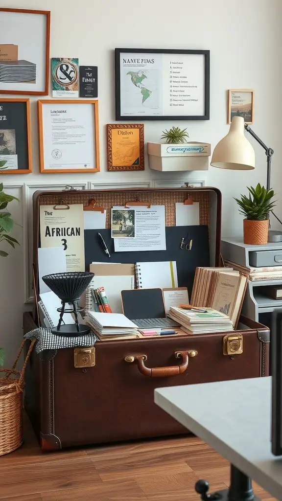 15 Creative Office Storage Ideas to Maximize Space 12 A vintage suitcase used as an office storage solution, filled with notebooks, papers, and a small plant.