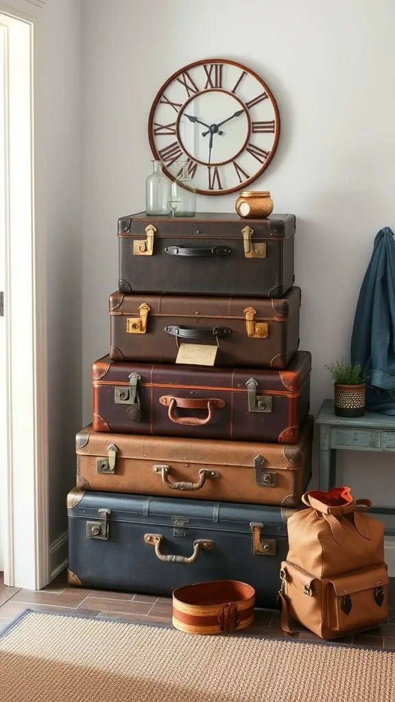 A stack of vintage suitcases in an entryway, with a clock and decorative items on top.