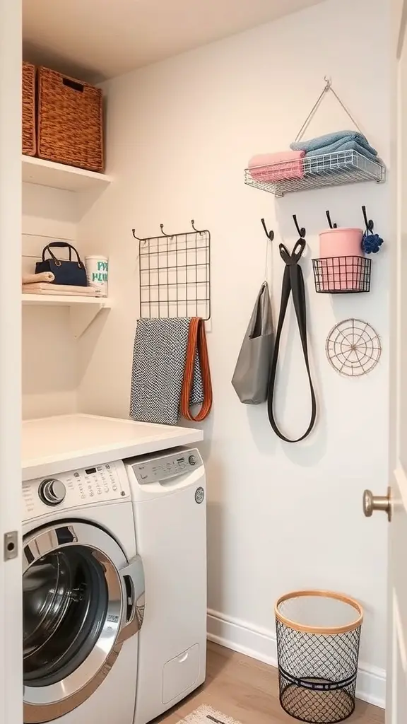 23+Creative Laundry Room Storage Ideas You Need to Try 15 A laundry room featuring a washing machine, wall-mounted shelves, baskets, and hooks for storage.
