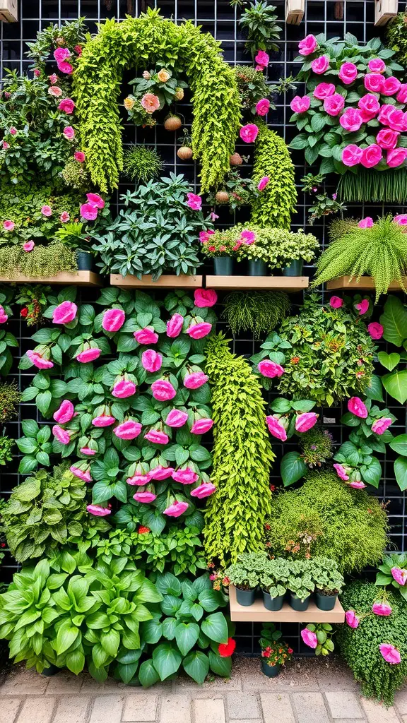 A vibrant vertical garden featuring various green plants and pink flowers arranged on a wall.