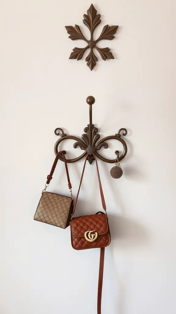 A decorative wall hook with two purses hanging from it, showcasing different styles.
