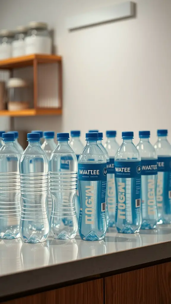 15+ Creative Ways to Store Your Water Bottles 16 A row of water bottles on a countertop, showcasing a clean and organized display.