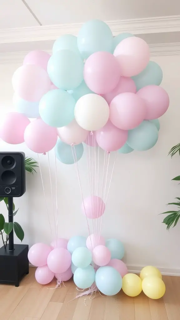 17 Creative Dollar Tree Baby Shower Ideas on a Budget 16 A cluster of pastel balloons in pink, blue, and white colors, creating a cheerful decor for a baby shower.
