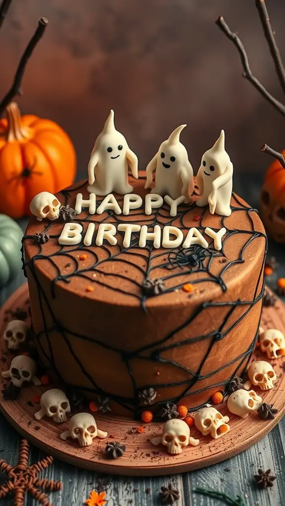 A Halloween-themed birthday cake with ghost toppers, skulls, and spider web decorations.