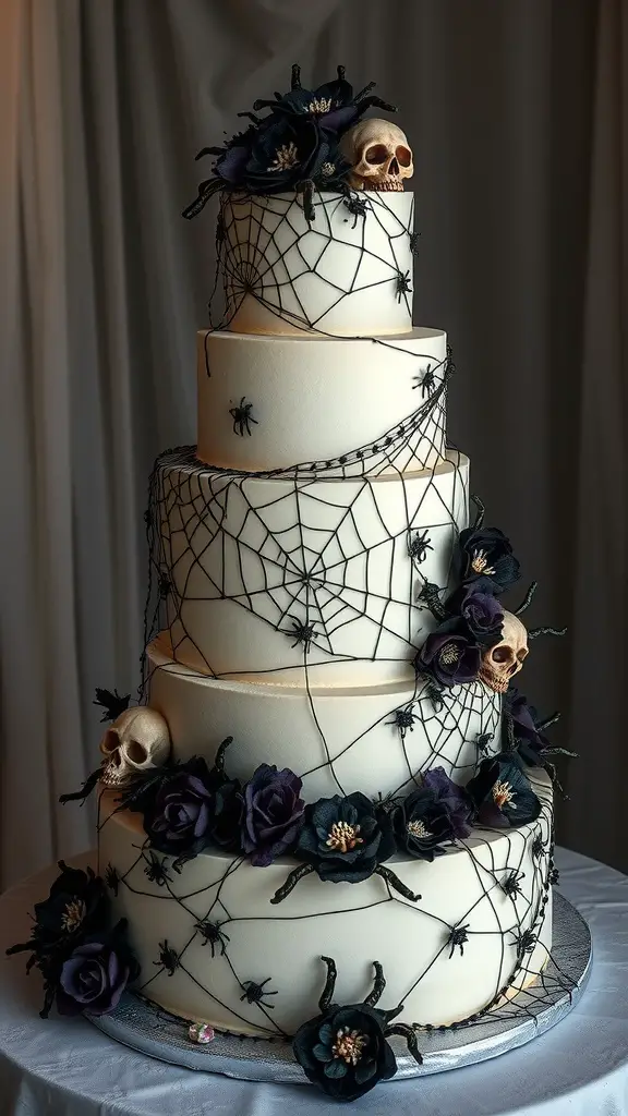A three-tier Halloween wedding cake with spider webs, black roses, and skulls.