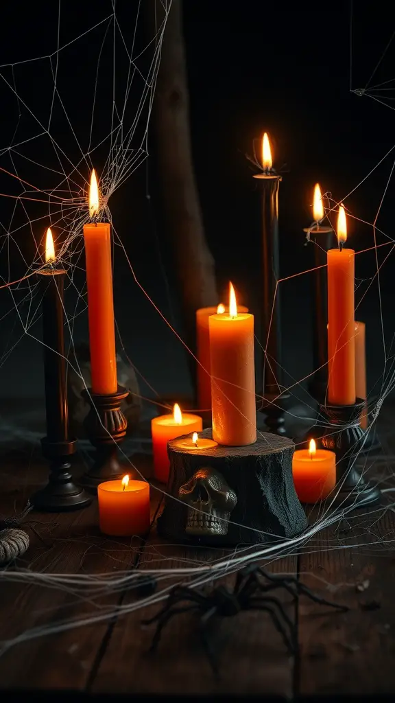 A spooky candle display featuring orange and black candles, a skull, and spider webs.