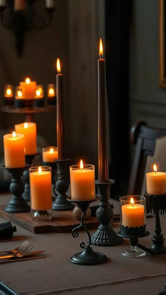 19 Spooktacular Items for the Perfect Halloween Tablescape 12 A Halloween-themed table with various candles in different heights and styles, creating a spooky yet inviting atmosphere.
