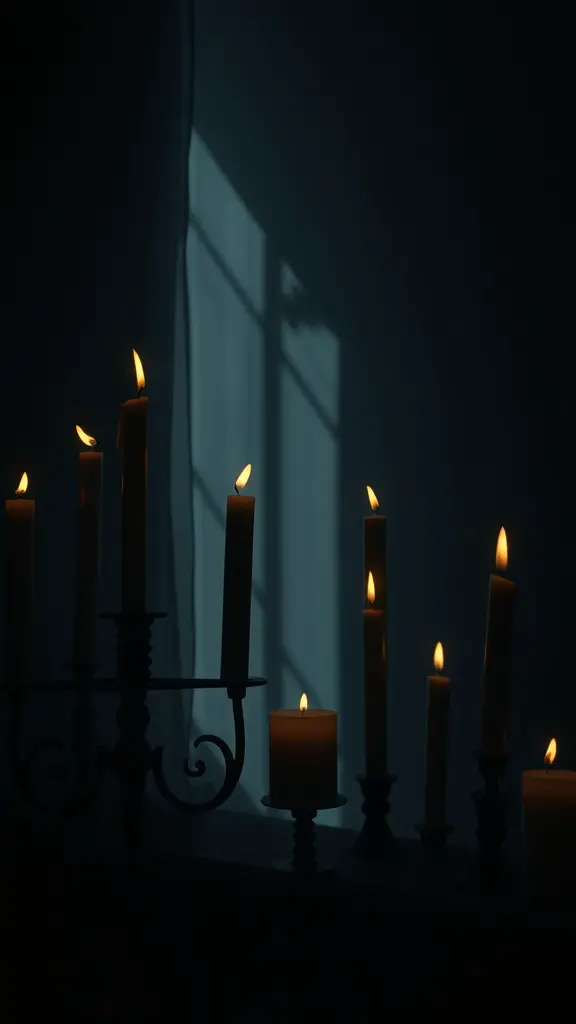 A dark room with various candles lit, casting shadows and creating a spooky atmosphere.